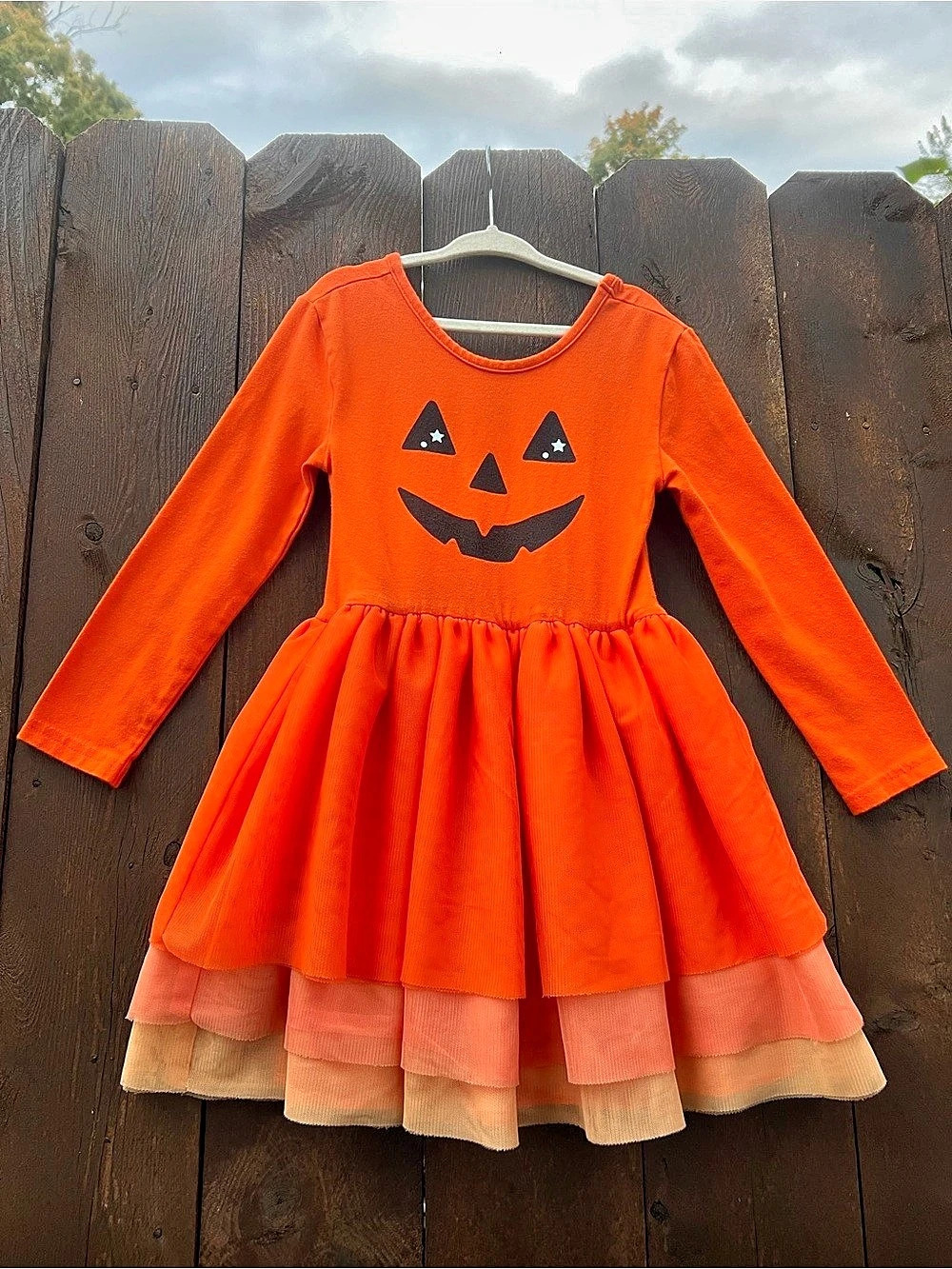 Long-Sleeve Halloween Tutu Dress with Pumpkin Jack-o’-lantern Face - Size 5T